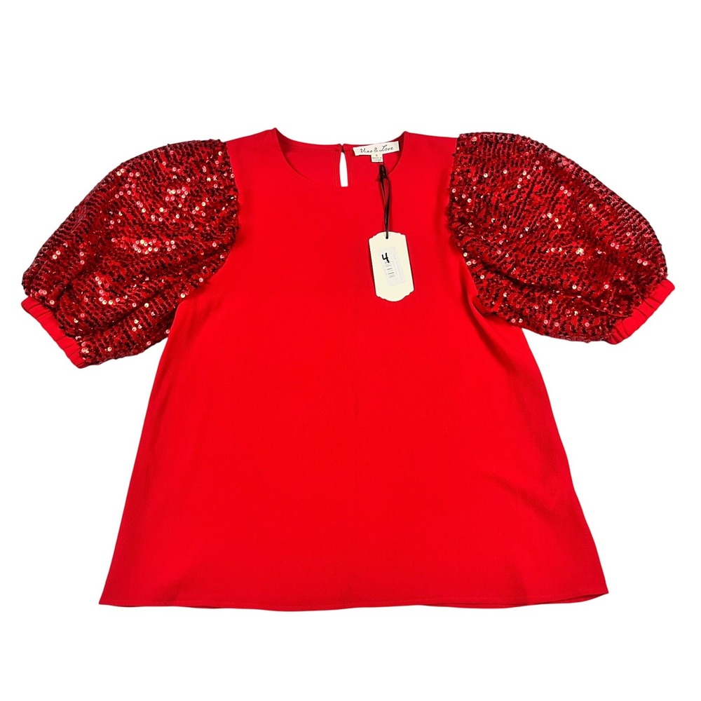 Vine and Love‎ Red Sequin Puff Sleeve Cocktail Top Small Festive Holiday New